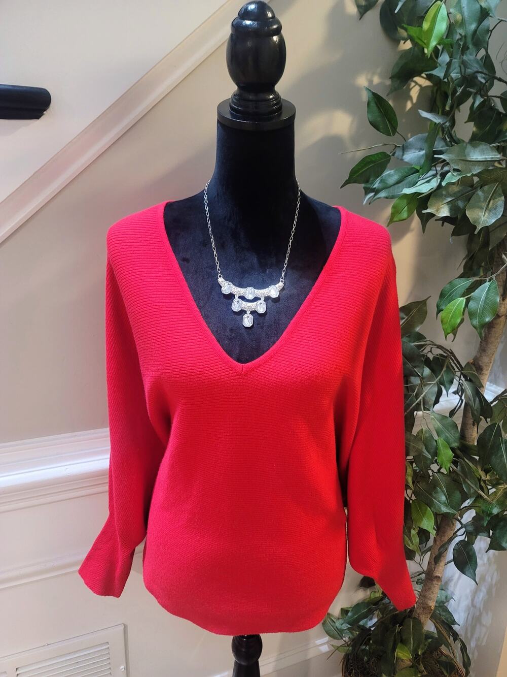 Kerisma Gwyneth Sweater Women SZ S/M Red Ribbed Deep V-Neck Batwing Sleeve